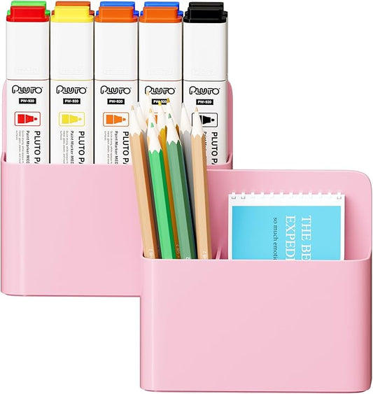 Mabrasse 2p Magnetic Dry Erase Marker Holder,Pen and Eraser Holder for Whiteboard, Magnet Pencil Cup Utility Storage Organizer for Office, Refrigerator, Locker and Metal Cabinets（Pink）