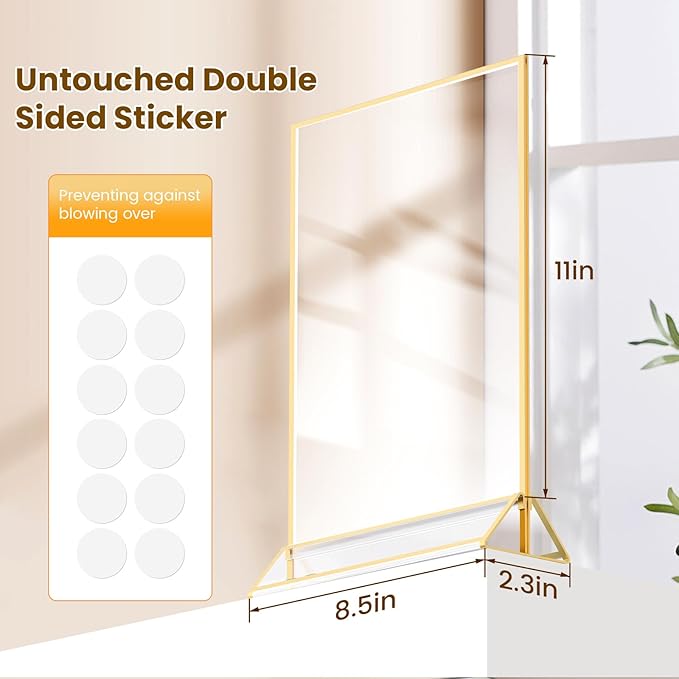 Acrylic Sign Holder 8.5X11 Gold Frames Double-Sided Gold Picture Frames for Menu Holder Wedding Table Numbers Display Stand with Removable Sticky Dots -6 Pack
