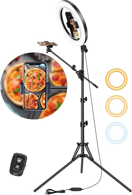 LUXSURE Ring Light with Stand for Phone, Ring Light Tripod for iPhone with Light, Overhead Camera Mount 10.5" with Remote, Phone Tripod with Light for Video Recording/Live Streaming/Cooking