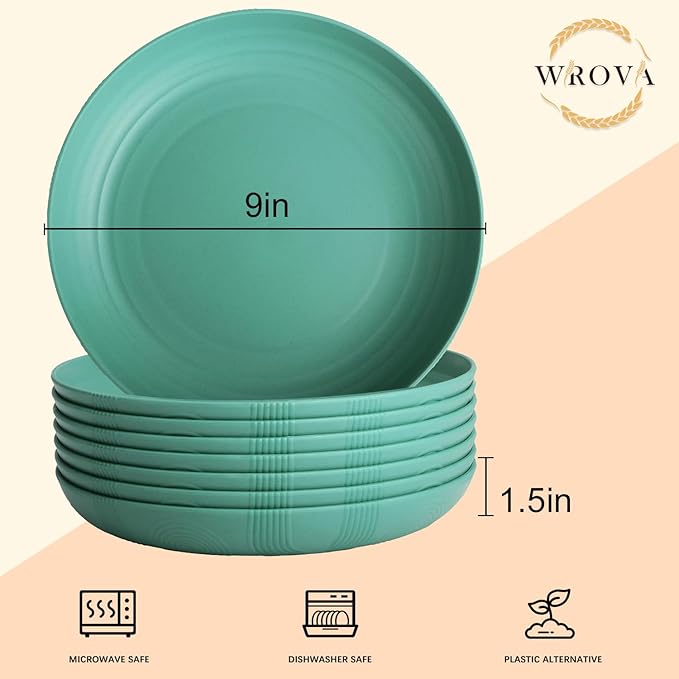 Wheat Straw Plates - 9 Inch Unbreakable Dinner Plates Set of 8 - Dishwasher & Microwave Safe Plastic Plates Reusable for Kitchen and Camping (Green)