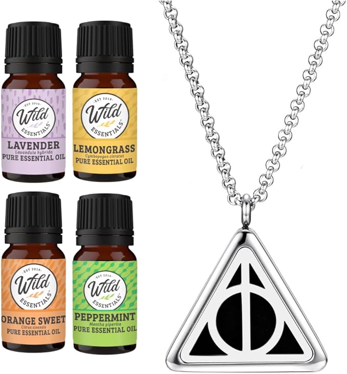 Wild Essentials Potter Hallows Aromatherapy Diffuser Necklace13-PieceGift Set –Includes 4 Pure Essential Oils, Stainless Steel Necklace/Pendant, 8 Pads –Calming Aromatherapy Essential Oil Necklace