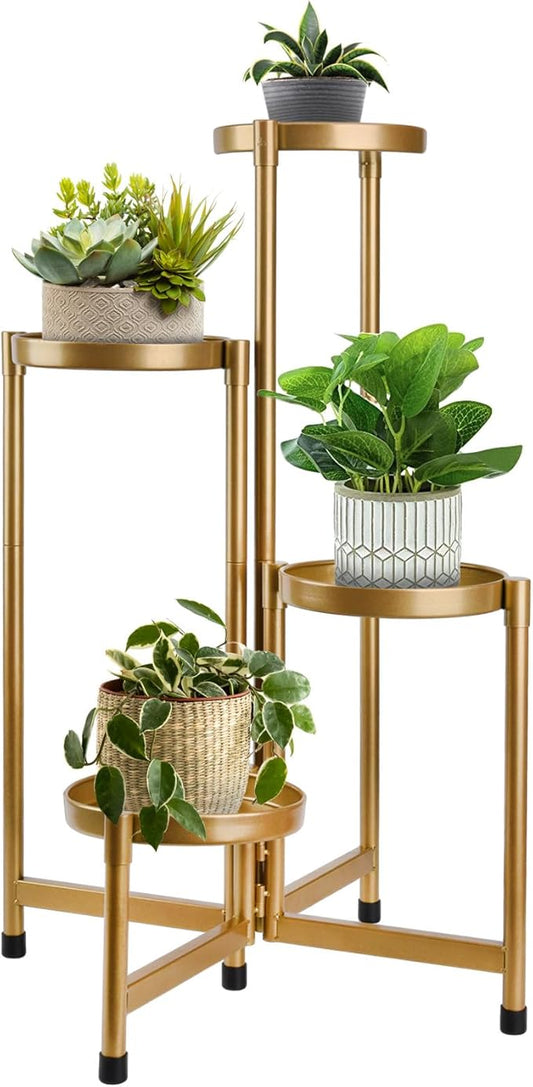 4 Tier Plant Stand Indoor Outdoor, 31 Inch Tall Metal Plant Shelf Waterproof, Plant Holder with Folding Design For Home, Living Room, New Upgrate Gold