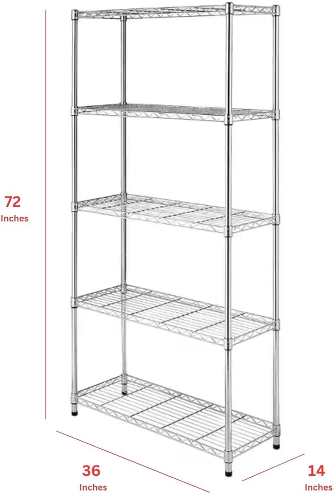 Heavy-Duty Chrome Steel Wire Shelving NSF Certified. Adjustable Storage Rack for Kitchen,Garage,and Laundry Utility Room (Chrome-5Tiers-36x14x72)