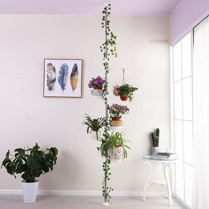 BAOYOUNI 5-Tier Tension Rod Plant Holder Pole, Flower Display Stand Rack Stainless Steel Decorative Shelf, Ivory