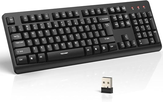 TECKNET Wireless Keyboard, 2.4G Silent Full-Size USB Keyboard with Number Pad, Ergonomic Keys & Foldable Feet, Compatible with Laptop, PC, Desktop, Surface, Windows 11/10/8/7 – QWERTY US Layout, Black