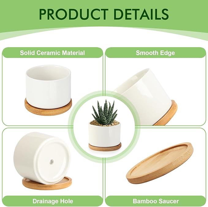 ZOUTOG Ceramic Succulent Pots 8 Pack,4 Inch Plant Pots,Succulent Planters with Drainage Hole & Bamboo Tray for Indoor Plants,White Small Flower Planters for Home,Office,Desk