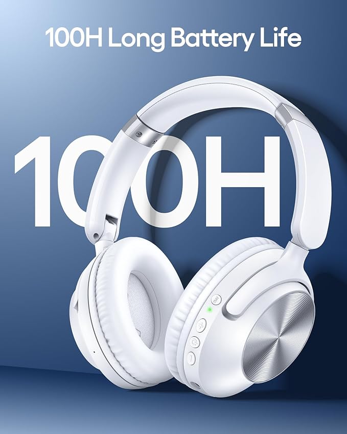 TAGRY Hybrid Active Noise Cancelling Headphones 100H Playtime Wireless Bluetooth Over Ear Headphone with Fast Charging Hi-Res Audio Comfort Earcups Headsets for Home Travel Office Phone PC White