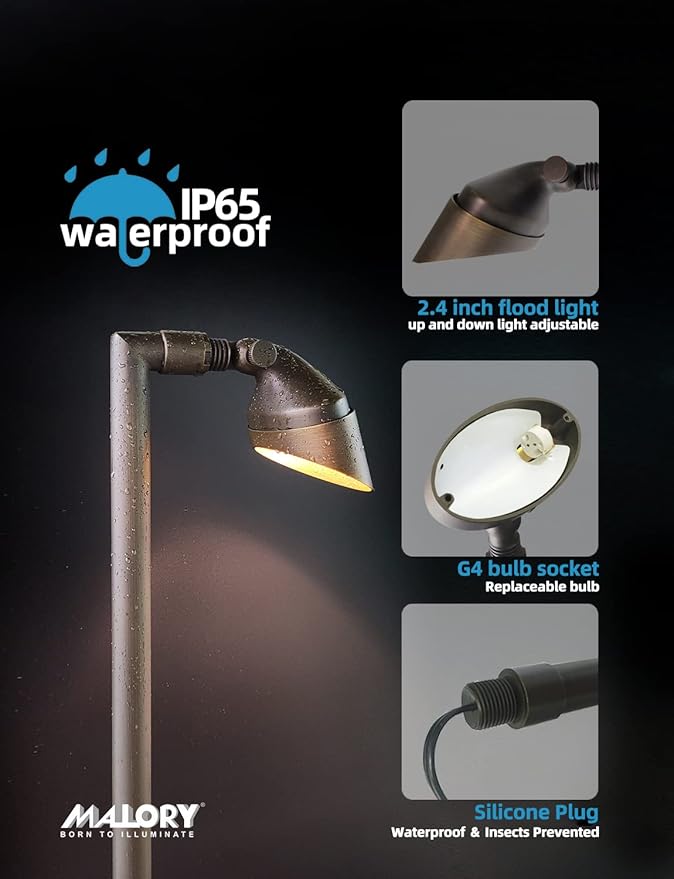 MALORY Low Voltage Landscape Path Lights 1-Pack with Bulb,(24''H) Brass Landscape Pathway Light, Outdoor Garden Lights with 2W 2700K LED G4 Bulb for Yard Lawn, Patio, Walkway and Driveway(P06)