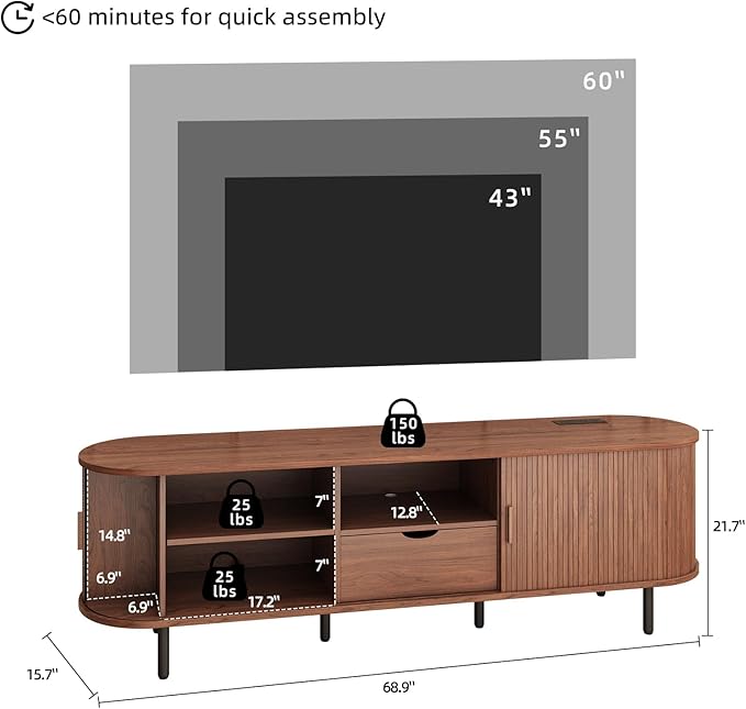 69" Mid-Century TV Stand with Power Outlet, Fluted Entertainment Center with Storage Drawer, TV Console with Sliding Door and Adjustable Shelves, TV Stand up to 80" for Living Room, Bedroom, Walnut