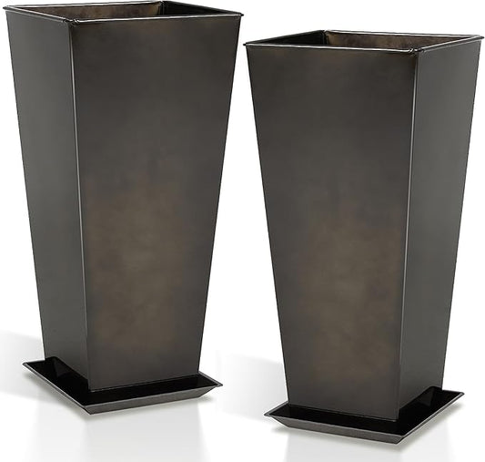 Worth Garden 28" Large Metal Glazed Planter Set of 2, Luxurious Glossy Finish Black Tall Square Tapered Steel Plant Pots, Decor Flower Pot Indoor & Outdoor, Drainage Hole & Dual-Purpose Plant Saucer