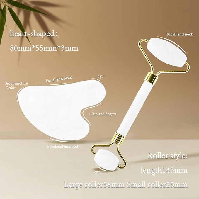 Jade Roller Gua Sha Tools – Nature Gua Sha Facial Tool Skin Tightening Face Massager Anti-Aging Jade Face Roller Puffiness Reducing Guasha Stone for Women Men (White)