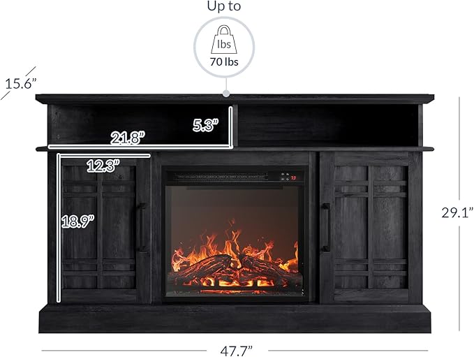 BELLEZE 48" TV Stand with 18" Electric Fireplace Heater, Modern TV Stand for TVs up to 50", Entertainment Media Stand with Open Shelves and Storage Cabinets for Living Room, Bedroom (Rustic Grey)