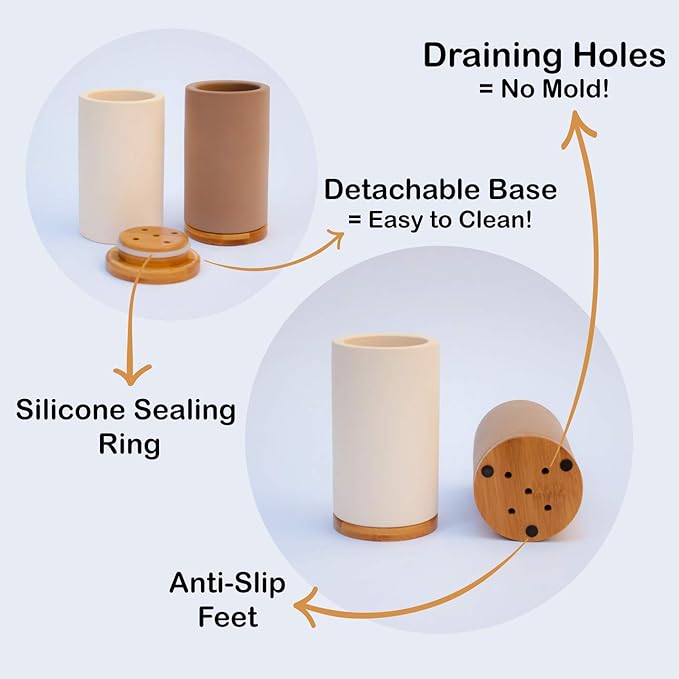 Matani Bamboo Toothbrush Holder Diatomite Tooth Brush Organizer - Storage Stand for Small Bathroom & Counter - Removable Base & Drain Holes, Water-Absorbent & Quick-Drying (Grey & Light Grey)