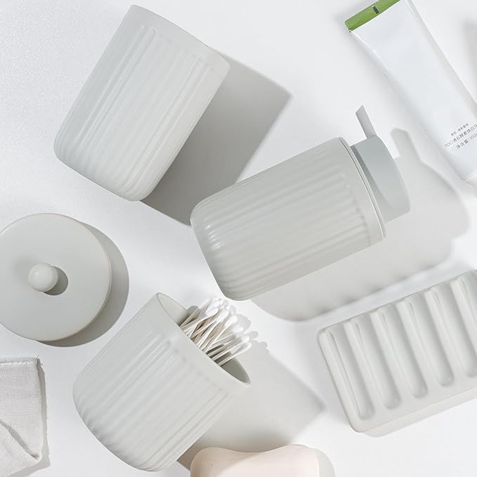 BosilunLife Ceramic Bathroom Accessories Set - Bathroom Counter Soap Set Light Grey Bathroom Decor Sets Accessories Bathroom Lotion Soap Dispenser and Toothbrush Holder Set, Soap Dish, Apothecary Jars
