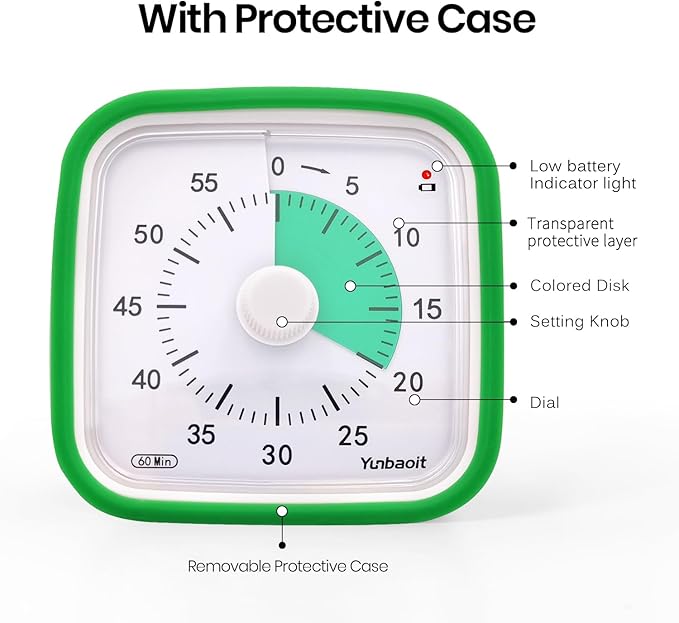 Yunbaoit Visual Timer with Protective Case, 60 Minute Silent Countdown Timer for Kids and Adults Clock Time Management Tool(Green)