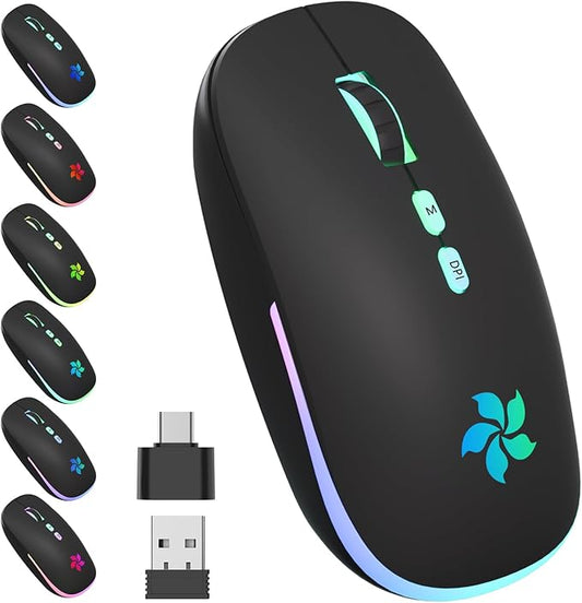 KARFUN Wireless Mouse, 2.4GHz & Bluetooth Two Mode, 7 Color Breathing Lights Computer Mouse for Laptop/MacBook/PC/Tablet/iPad, Rechargeable (Black)