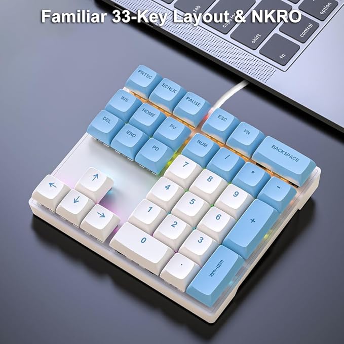 Mechanical Numpad Rainbow Backlit Smooth Red Switches Wired USB Number Pad 33-Key NKRO Numeric Keypad with XDA PBT Keycaps External Keyboard Num Pad for Laptop, Mac - White Blue