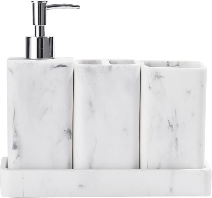 Bathroom Accessories Set, 4 Pcs Bathroom Accessory Set, Soap Dispenser, Toothbrush Holder, Qtip Holder Set, Bathroom Sets Complete, Bathroom Sink Set for Modern Home Decor, White