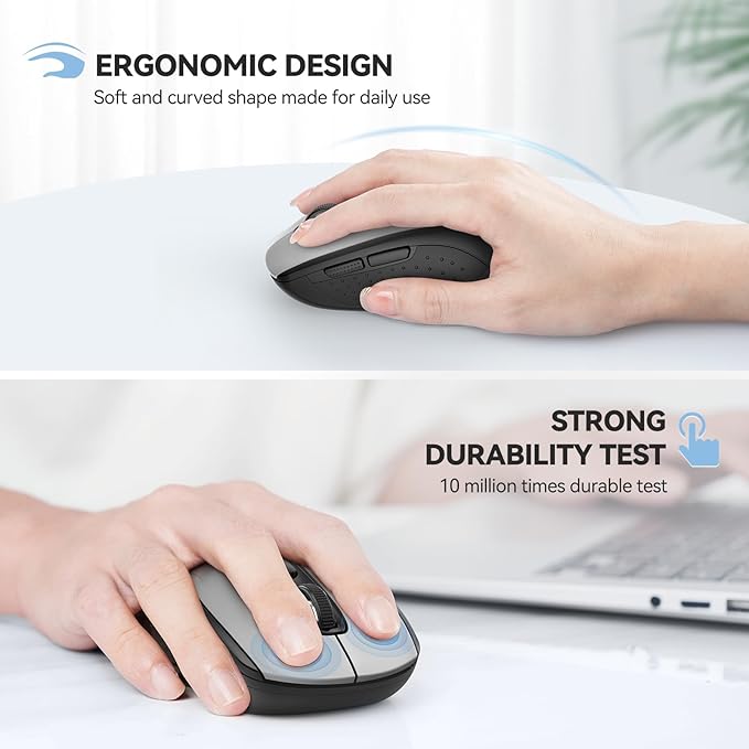 TECKNET Bluetooth Mouse, 4000DPI Wireless Mice for Laptop 2-in-1(BT 5.0/3.0+2.4Ghz) Computer Portable PC Mouse Wireless with USB Receiver for Mac (USB-A+Bluetooth, Black Silver)