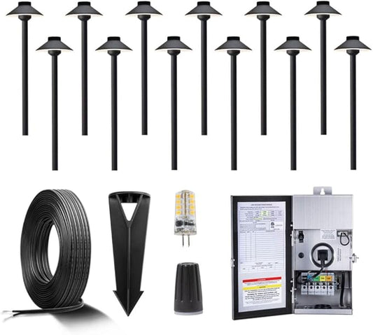 Solid Brass 12V LED Landscape Lighting Kit (12 Black Path Lights) with 300W Low Voltage Transformer and Mechanical Timer and 250FT Wire and 50Pack Connectors for Outdoor Pathway Garden