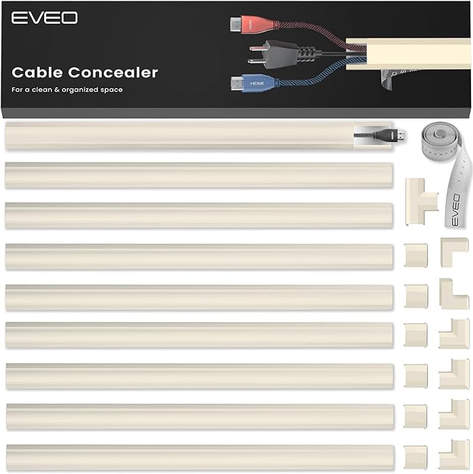 Cord Hider 153in - Cord Covers for Wires - Paintable Cable Hider - Cable Management - Wire Hiders for TV On Wall - Cable Management Cord Hider Wall - Cable Raceway - 9X (L17 x W0.95 x H0.5) - Beige