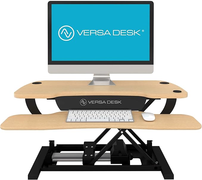 VERSADESK® PowerPro™ 36” x 24” Standing Desk Converter | 36 Inch Electric Height Adjustable Sit to Stand Desk Riser w/Keyboard Tray & USB Hub - Ergonomic Workstation for Home & Office, Maple