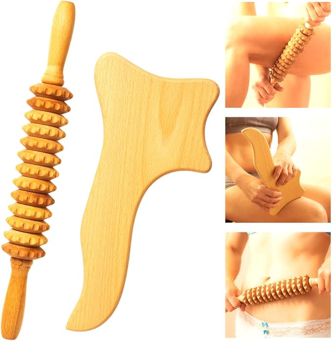Wood Massage Tools - 2 in 1 Wooden Lymphatic Massager Straight Roller Stick and Gua Sha Paddle Set - Massage Kit for Lymphatic Drainage, Body Sculpting, Muscle Shaping, Maderoterapia