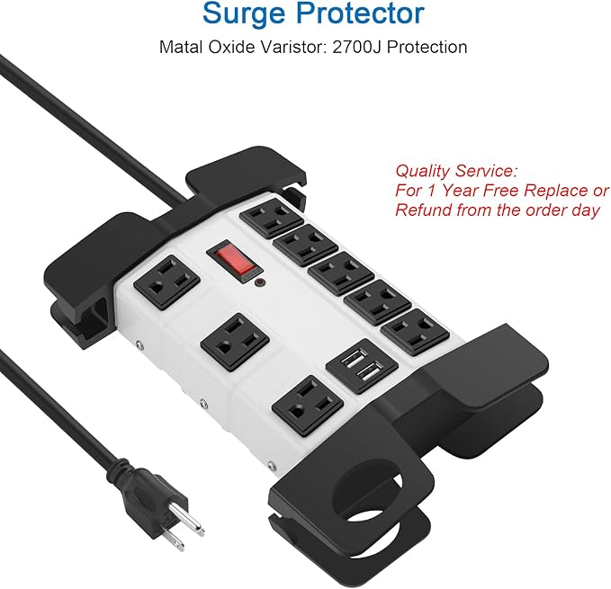 Heavy Duty Power Strip with USB, Workshop 8 Outlet Surge Protector 2700 Joules, Industrial Metal 15Amp Power Strip, 25 FT Extension Cord and Wide Spaced.