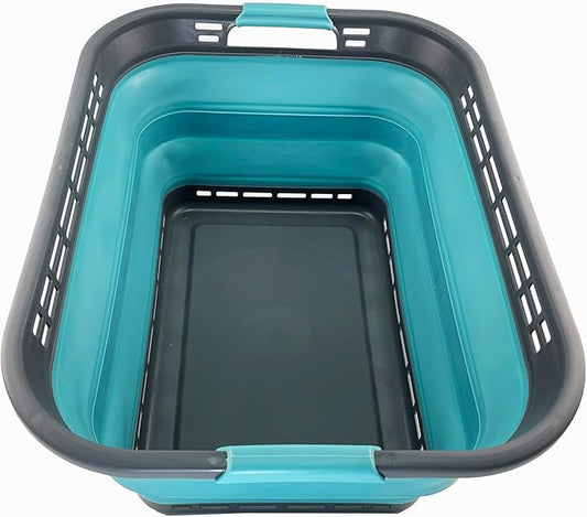 SAMMART 42L (11 Galloons) Collapsible Plastic Laundry Basket - Foldable Pop Up Storage Container/Organizer - Portable Washing Tub - Space Saving Hamper/Basket [BPA Free] (Grey/Crystal Blue)