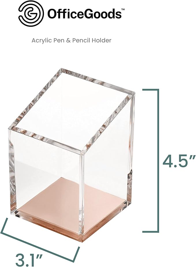 OfficeGoods Acrylic Pen & Pencil Holder - Modern Trapezoid Design - Beautiful Desk Organizer for Home or Office - 3" Square w/ 3.5" Front & 4.5" Back - Clear Rose Gold Metal