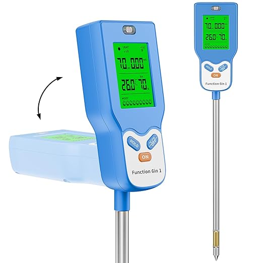 6-in-1 Soil Tester Digital PH Meter/Soil Moisture/Sunlight Intensity/Air Temp & Humidity/Fertility Soil Meter with Backlight LCD Display for Gardening, Farming, Indoor and Outdoor Plants