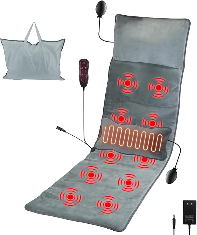 Full Body Electric Massage Mat with Heat, Vibration Back Massage Pad Cushion with Inflatable Head Pillow and Lumbar Pillow, 10 Vibration Motors 3 Timers