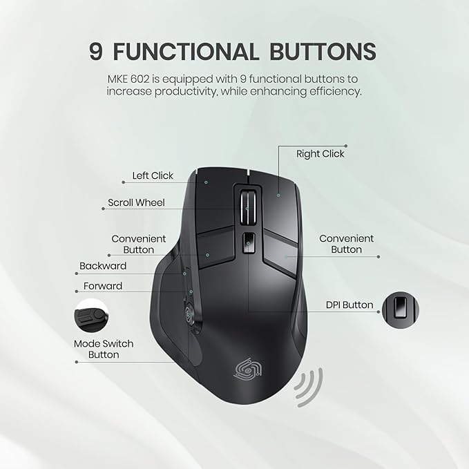 Wireless Mouse for Computer, Ergonomic Silent Mouse with 2.4GHz & Bluetooth, Multi Device Switch, OLED Display, Adjustable DPI, Rechargeable, 9 Buttons, for Windows/Mac, Black
