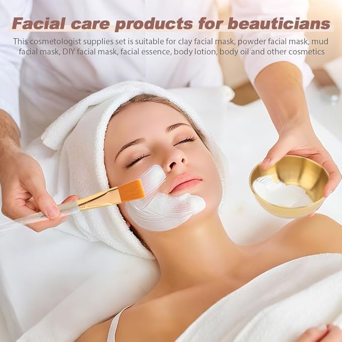 30Pcs Esthetician Supplies for Facials Set 6 Gold Facial Bowls Esthetician 6* Facial Brushes 6* Flat Brushes 12 Sponge Strips Face Cosmetic Applicators for Mask Mixing(COLOR:Gold)