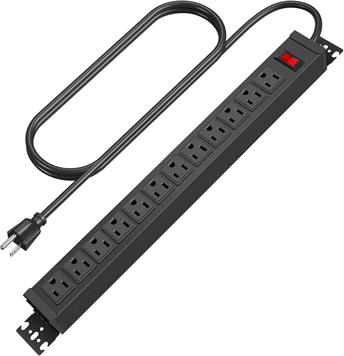 HHSOET Rotating Mountable Power Strip, 12 Outlet Wall Mount Surge Protector, Metal Heavy Duty and Versatile Outlet Strip, Stylish Appearance, Sturdy and Durable, 15ft Power Cord.(Black)