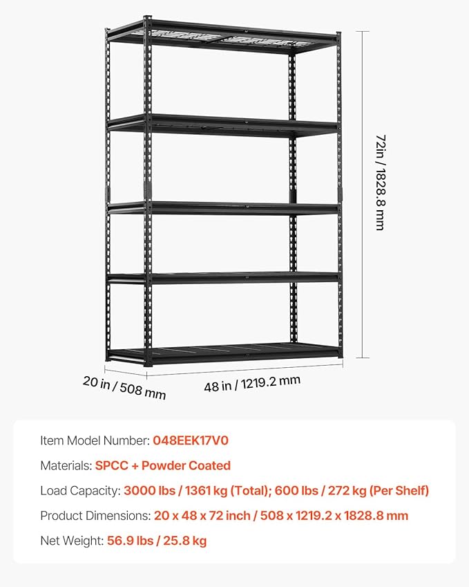 VEVOR Storage Shelves, 3000 lbs, 5 Tier Heavy Duty Garage Shelving, 20" D x 48" W x 72" H Adjustable Metal Shelves for Industrial Shelving Unit Utility Shelf, for Kitchen, Warehouse, Basement, Black