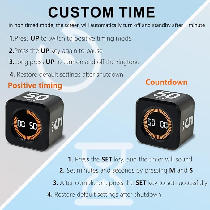 Visual Rotating Timer with 5, 10, 25 50 Minutes Preset, Desk Cube Count Down/up Timer, Rechargeable Custom-time Mute/Sound, Ideal for ADHD Work Learning Kitchen, Black