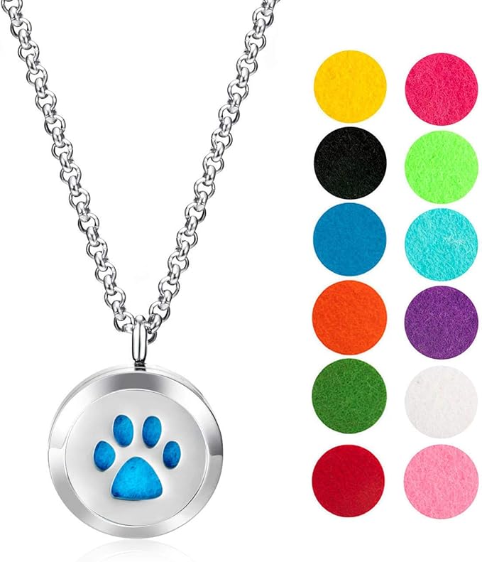 Wild Essentials Dog Paw Essential Oil Diffuser Necklace, Stainless Steel Locket Pendant with 24 inch Chain, 12 Color Refill Pads, Customizable Color Changing Perfume Jewelry for Aromatherapy