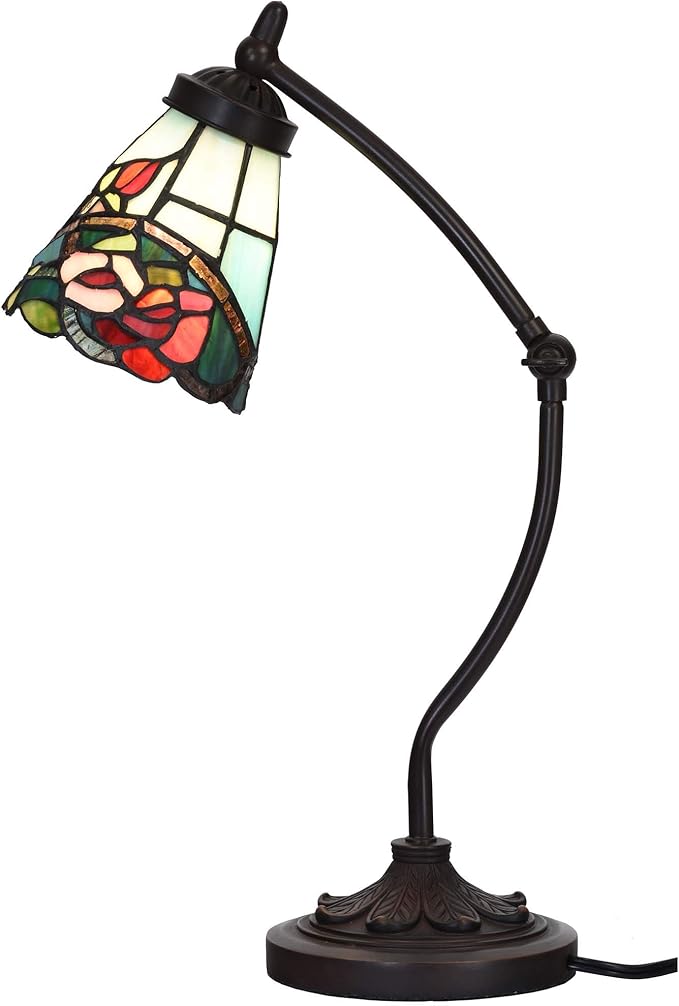 Bieye L10759 Tiffany Style Stained Glass Table Lamp Night Light with Swing Arm Base for Working Reading Home Decoration (Rose Flower)