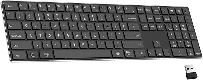 TIETI 2.4G Wireless Bluetooth Keyboard Rechargeable, Stainless Steel Ultra Slim Full Size Keyboard with Numeric Keypad Low Profile Silent Cordless Keyboards for Computer/Mac/Windows