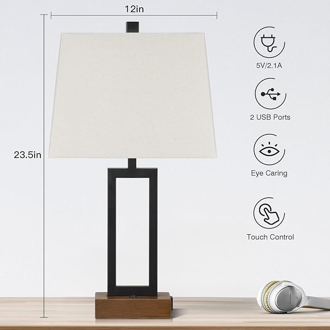 Table Lamp for Bedroom Set of 2 with 2 USB Ports and AC Power Outlet, 23.5" Modern Bedside Lamp, Wood Nightstand Lamp with Linen Shade for Living Room Hotel Desk(LED Bulb Included)