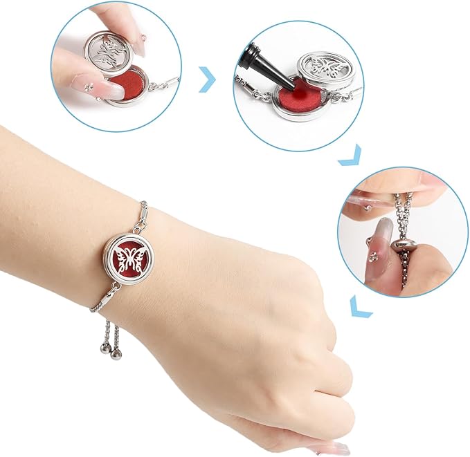 Essential Oil Diffuser Bracelet Aromatherapy Locket Adjustable Bracelet Stainless Steel Butterfly Bracelet with 10 Pcs Refill Pads for Women Girls