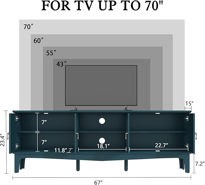 ARTPOWER 67“ Mid-Century Modern TV Stand for TVs up to 70”,Entertainment Center with Door Cabinets and Open Shelves,TV Console with Storage,Green Media Cabinet for Living Room,Bedroom