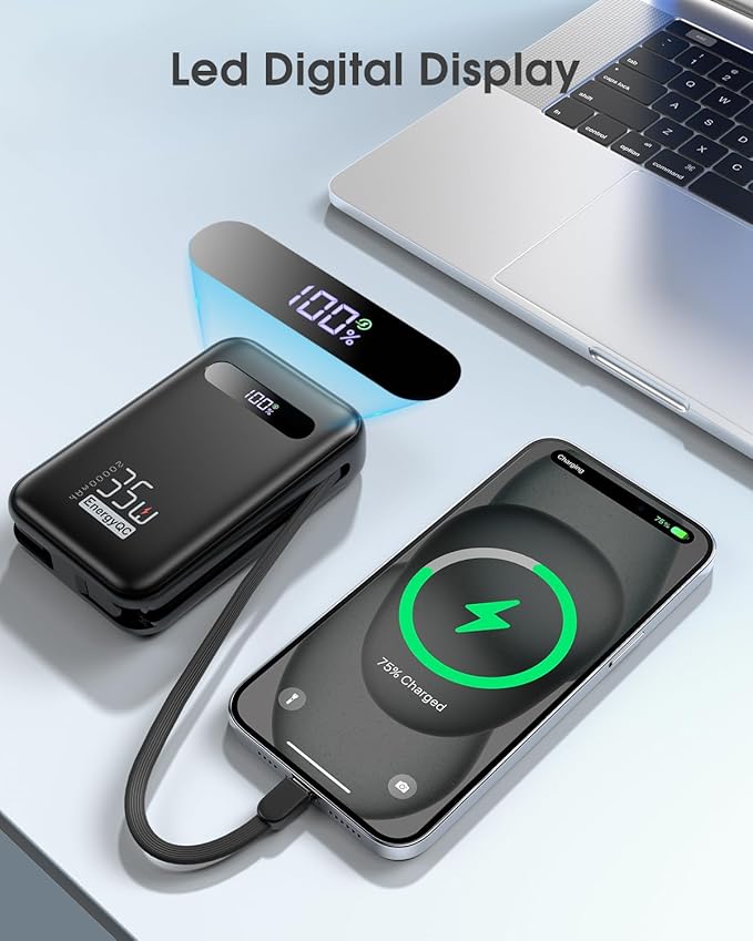 EnergyQC 20000mAh Portable Charger, 35W PD 3.0+QC 4.0 Fast Charging Power Bank with Built-in Lightning & USB-C in&Out Cables, Travel Battery Pack for iPhone 17/16/15/14, Samsung, iPad, Android, Black