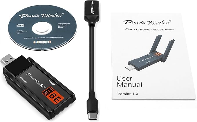 Panda Wireless® PAU0F AXE3000 Tri Band (2.4/5 / 6 GHz) WiFi 6E USB 3.0 Adapter - Windows 10/11, Zorin, MX Linux, EndeavourOS, Mint, Ubuntu, Manjaro, openSUSE, Fedora, Kali and Raspbian