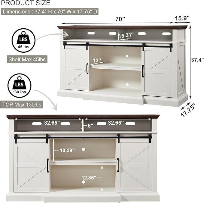 Farmhouse TV Stand for 80 Inch TVs, 37.4"Tall Entertainment Center w/Storage Cabinets and Sliding Barn Door, Media Console Cabinet w/Soundbar & Adjustable Shelves for Living Room, 70 inch (White)