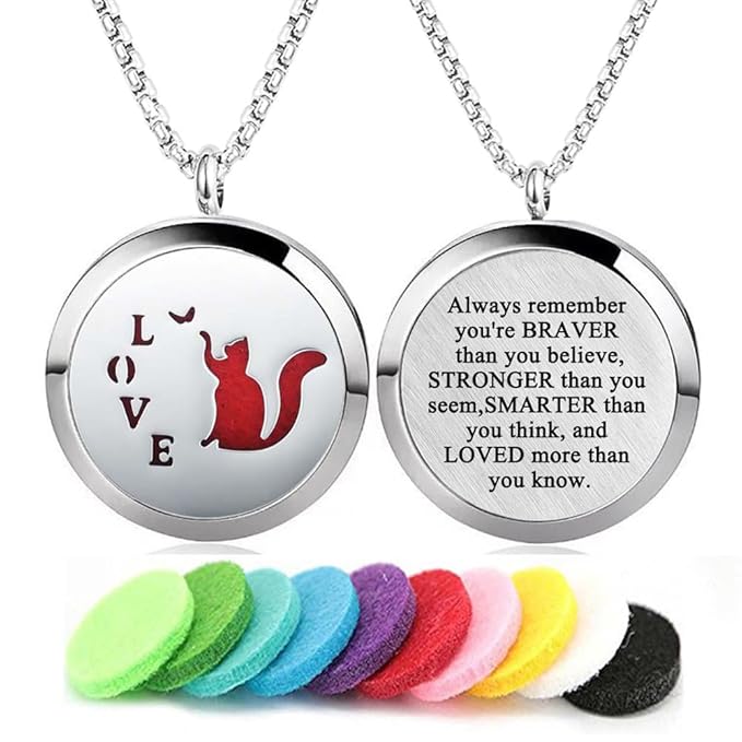 Aromatherapy Essential Oil Diffuser Necklace Stainless Steel lnspirational Locket Pendant（Love Cat）