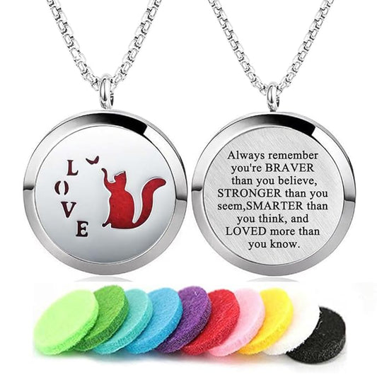 Aromatherapy Essential Oil Diffuser Necklace Stainless Steel lnspirational Locket Pendant（Love Cat）