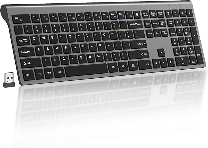 2.4G Wireless Slim Silent Full-Size Keyboard with Numeric Keypad, Calculator Button, USB Receiver, Fn Lock, Ultra-Thin Scissor Switch Design, Computer Keyboard for Laptop PC Windows Mac（Without mouse）