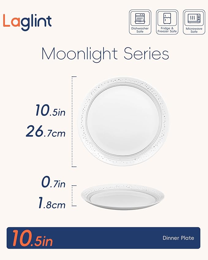 10.5 inch Dinner Plate Set of 6, Lightweight Round Opal Glass Dinnerware Plates, Dishwasher and Microwave Safe, Black Modern Speckled Design